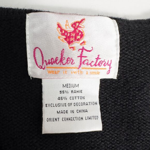 Quacker Factory Pearl Snowflake V Neck Sweater Womens Medium Black Ramie Cotton - Picture 3 of 16